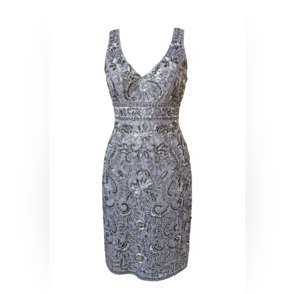 Sue Wong Nocturne Beaded Lace Cocktail Dress Silver Gray V-Neck Size 0 - Picture 2 of 9